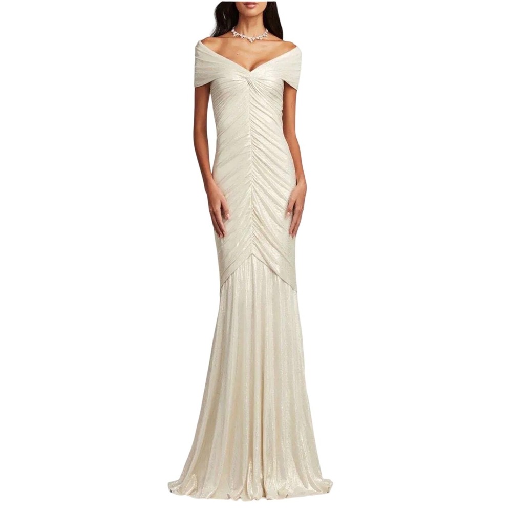 Tadashi Shoji Champagne Shimmer Off Shoulder Mermaid Gala Formal Gown XL